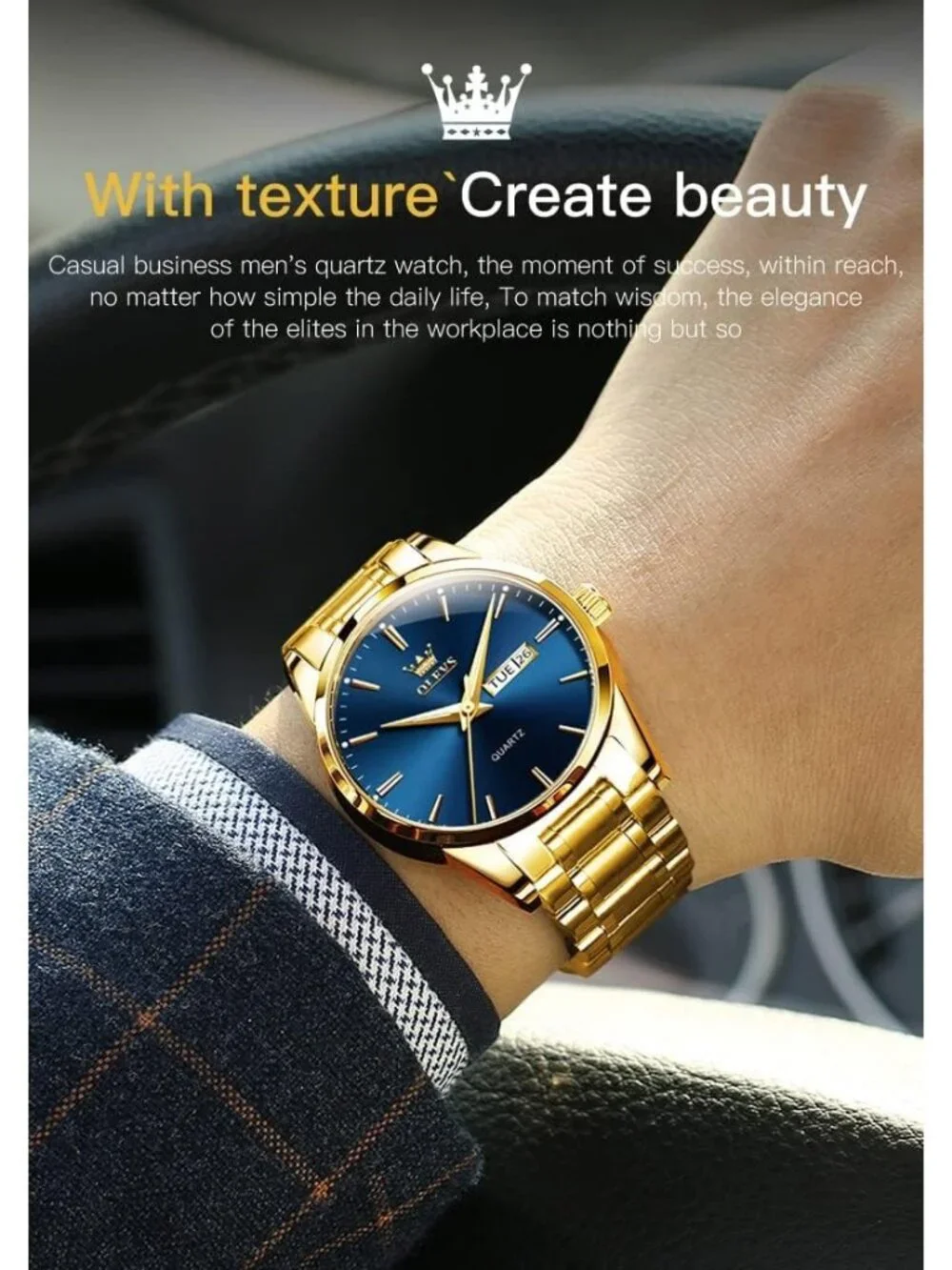 Men's Gold Blue Analog Quartz Stainless Steel Classic Luxury Date Wrist Watch